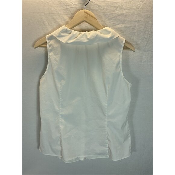 Lafayette 148 White Button-Down Sleeveless Blouse Ruffle Neck Cotton Stretch 12 - Picture 2 of 7